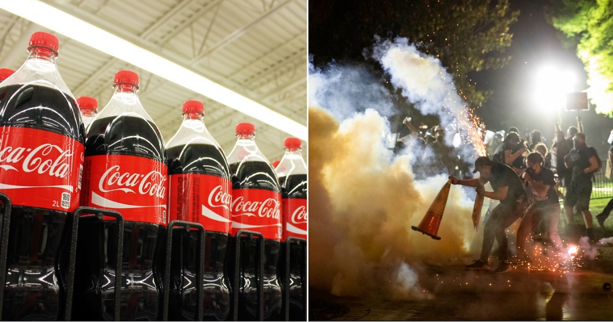 Coke bottles on store shelf, left; a riot scene from 2020, right.