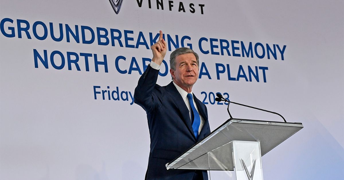 North Carolina Gov. Roy Cooper speaks as Electric carmaker Vinfast breaks ground in its $4B NC manufacturing plant located within the Triangle Innovation Point on July 28 in Chatham County, North Carolina.