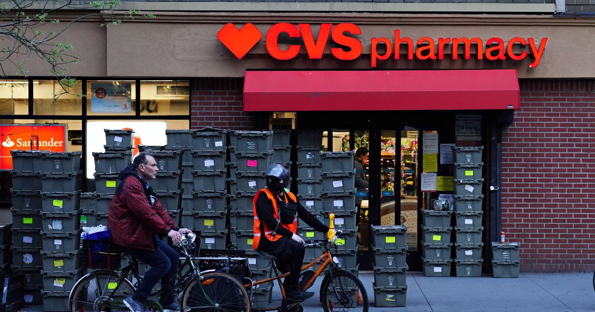 A view of crates stacked up outside of CVS Pharmacy during the coronavirus pandemic on May 1, 2020, in New York City.