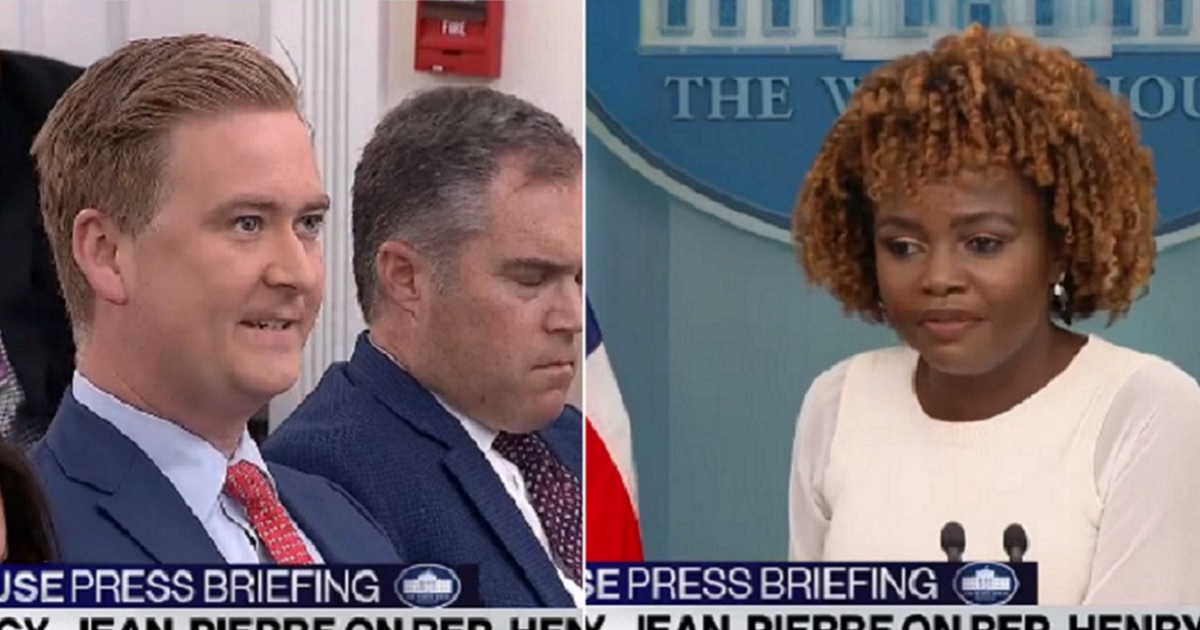 Fox News White House correspondent Peter Doocy, left; White House press secretary Karine Jean-Pierre, right.