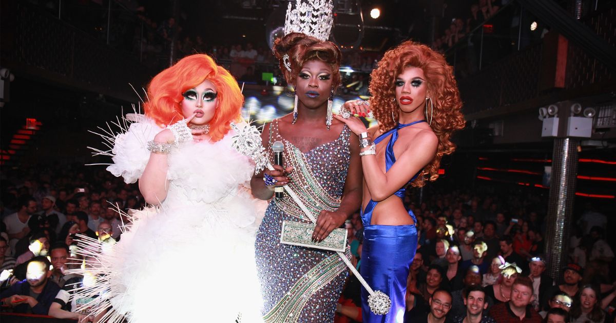 Finalists Kim Chi, Bob the Drag Queen, and Naomi Smalls pose onstage during the RuPaul's Drag Race Season 8 Finale Party at Stage 48 on May 16, 2016, in New York City.