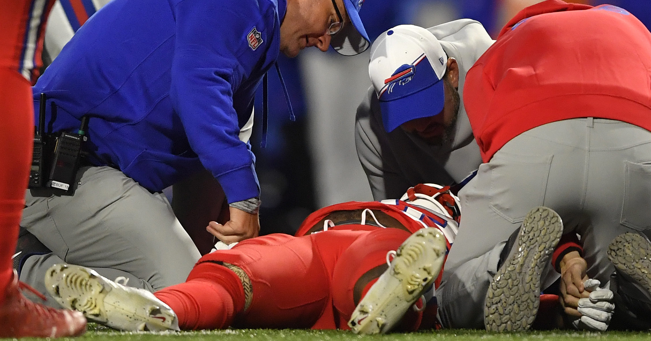 Buffalo Bills running back Damien Harris is attended to by medical staff after taking a hard hit in a game against the New York Giants in Orchard Park, New York, on Sunday.