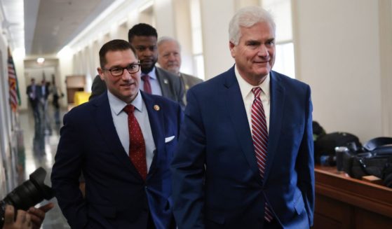House Majority Whip Tom Emmer and Rep. Guy Reschenthaler arrive to a House Republican candidates forum where congressmen who are running for Speaker of the House will present their platforms in the Longworth House Office Building on Capitol Hill on Tuesday in Washington, D.C.
