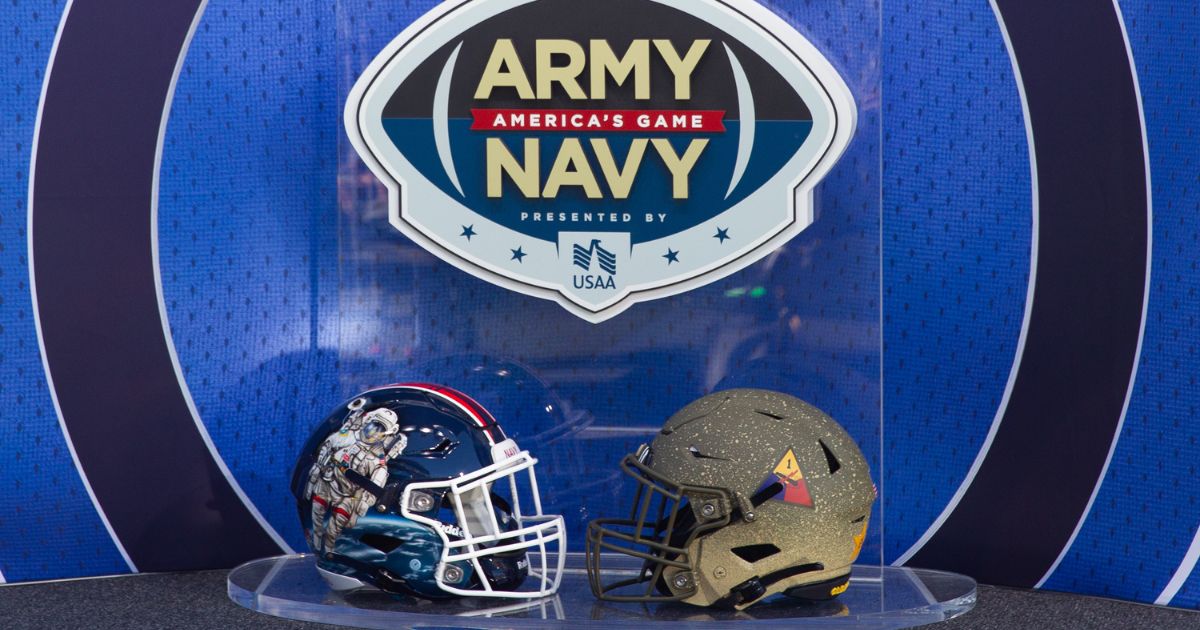 The Navy Midshipmen and Army Black Knights helmets prior to their game at Lincoln Financial Field on Dec. 10, 2022, in Philadelphia