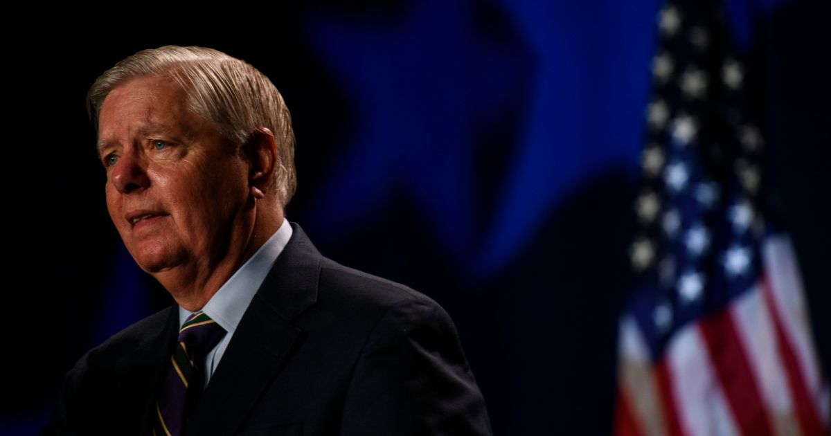 Senator Lindsey Graham speaks before Former President Donald Trump at the 56th Annual Silver Elephant Dinner hosted by the South Carolina Republican Party on Aug. 5 in Columbia, South Carolina.