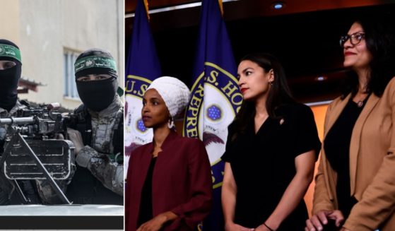 Hamas gunmen, left, are pictured in a October, 2019, file photo. Right, "squad" members, from left, Reps. Ilhan Omar of Minnesota, Alexandria Ocasio-Cortez of New York and Rashida Tlaib of Michigan.