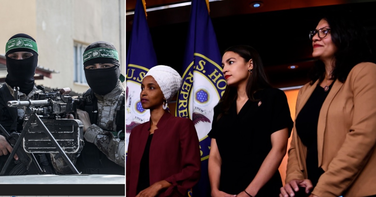 Hamas gunmen, left, are pictured in a October, 2019, file photo. Right, "squad" members, from left, Reps. Ilhan Omar of Minnesota, Alexandria Ocasio-Cortez of New York and Rashida Tlaib of Michigan.