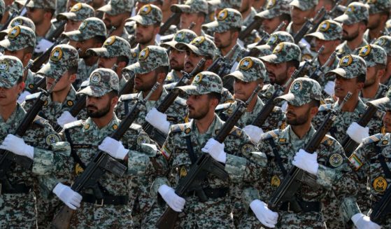 Members of Iran's security forces parade during the annual military parade marking the anniversary of the outbreak of the devastating 1980-1988 war with Saddam Hussein's Iraq, in Tehran on Sept. 22.