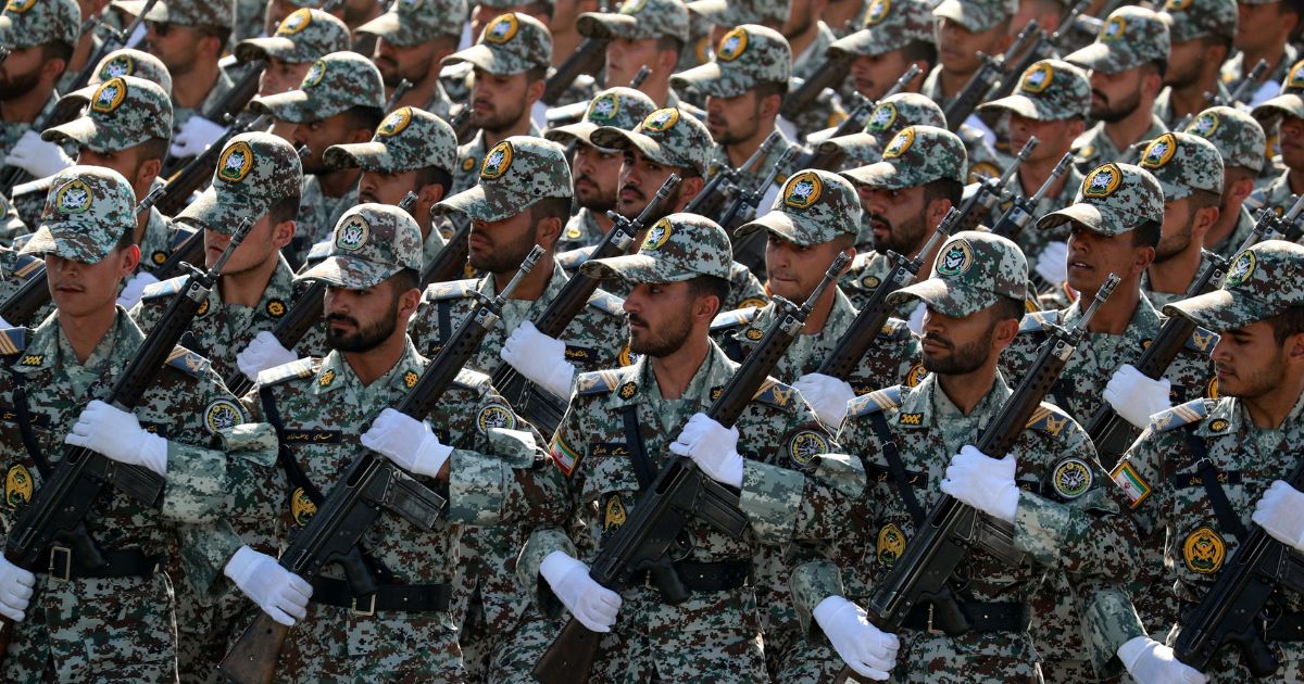 Members of Iran's security forces parade during the annual military parade marking the anniversary of the outbreak of the devastating 1980-1988 war with Saddam Hussein's Iraq, in Tehran on Sept. 22.