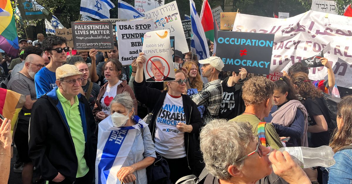 Anti-Israel demonstrators hold signs as Israeli Prime Minister Benjamin Netanyahu addresses the 78th UN General Assembly in New York on Sept. 22.