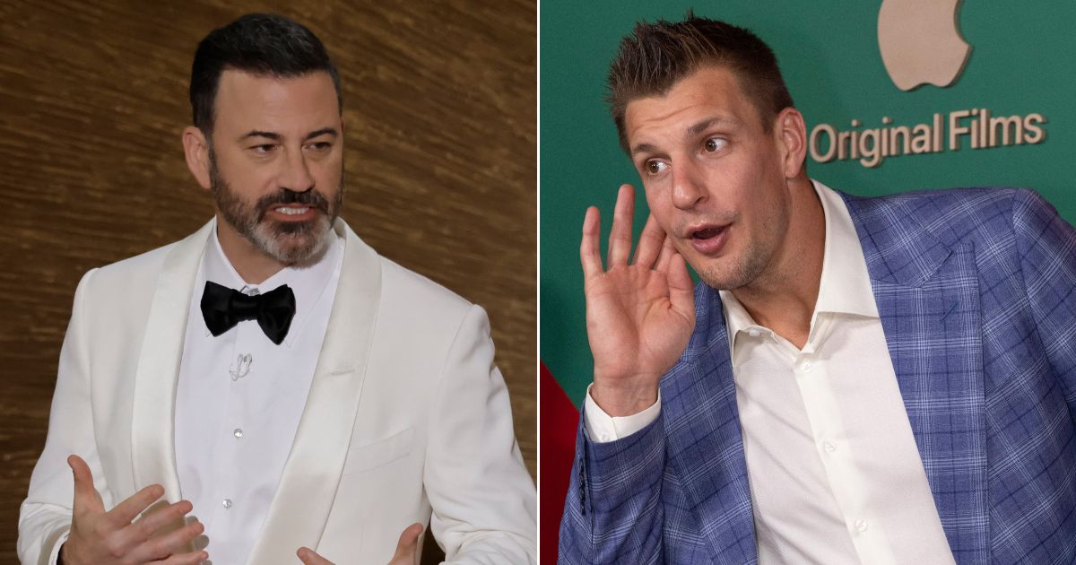Late-night host Jimmy Kimmel, left, was replaced with former football tight end Rob Gronkowski as the host for the L.A. Bowl.