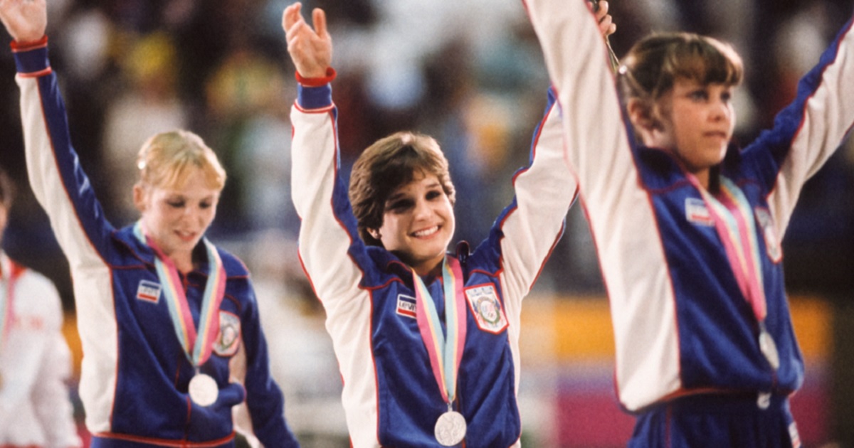 Mary Lou Retton and teammates wave to the crowd following a medal ceremony during the Women's Gymnastics competition of the 1984 Summer Olympic Games in Los Angeles.