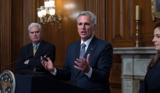 House Speaker Kevin McCarthy addresses a news conference Saturday after the House passed a stopgap spending bill to prevent a government shutdown.