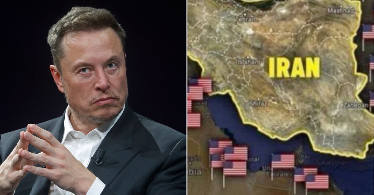 Social media platform X owner Elon Musk, left. Meme of American flags around map of Iran, right.