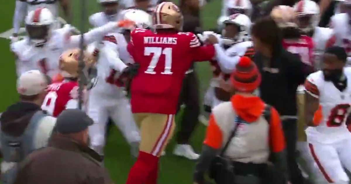 This Twitter screen shot shows a scuffle breaking out between the San Francisco 49ers and Cleveland Browns on Sunday.