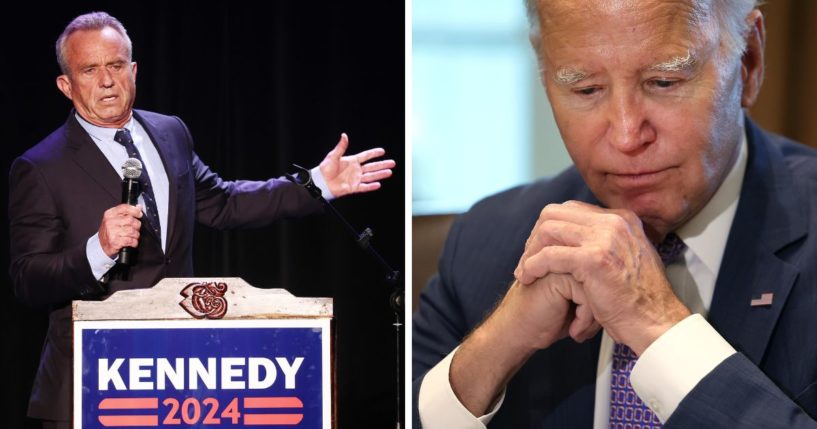 (L) Democratic presidential candidate Robert F. Kennedy Jr. speaks at a Hispanic Heritage Month event at Wilshire Ebell Theatre on September 15, 2023 in Los Angeles, California. (R) U.S. President Joe Biden holds a Cabinet meeting at the White House on October 2, 2023 in Washington, DC.