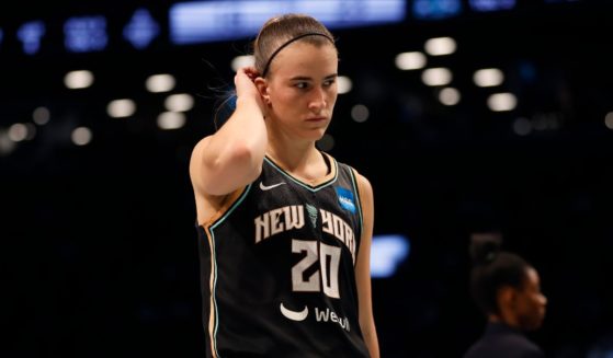 Sabrina Ionescu #20 of the New York Liberty reacts after a play in the second quarter against the Las Vegas Aces during Game Four of the 2023 WNBA Finals at Barclays Center on Oct. 18 in New York City.