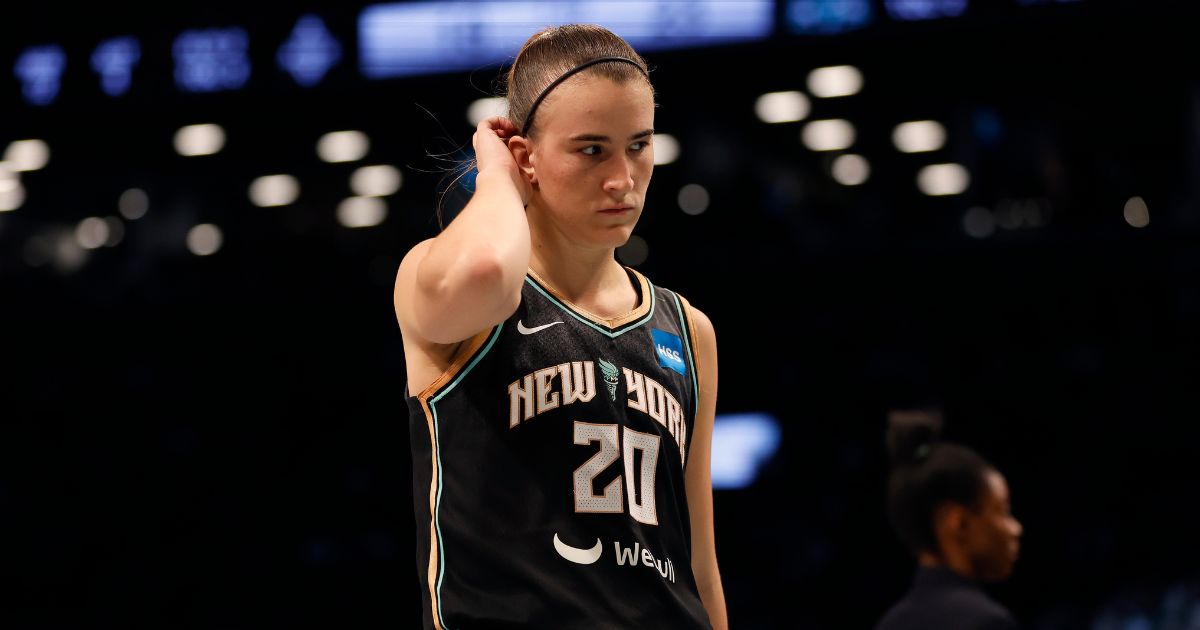 Sabrina Ionescu #20 of the New York Liberty reacts after a play in the second quarter against the Las Vegas Aces during Game Four of the 2023 WNBA Finals at Barclays Center on Oct. 18 in New York City.