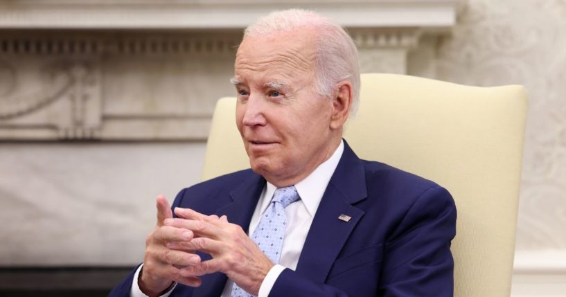 U.S. President Joe Biden delivers remarks during a meeting on Ukraine in the Oval Office on October 05, 2023 in Washington, DC.