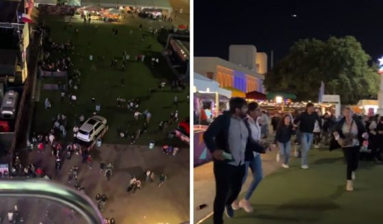 (L) A Twitter screen shot shows the Oct. 14 evacuation of the State Fair of Texas after an alleged shooting. (R) A Twitter screen shot shows a different angle of the evacuation of the State Fair of Texas.
