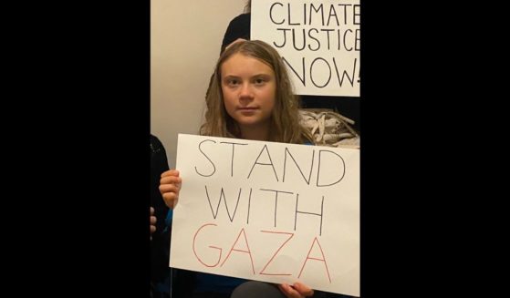 This Twitter screen shot shows climate activist Greta Thunberg holding a pro-Palestinian sign in a social media post.