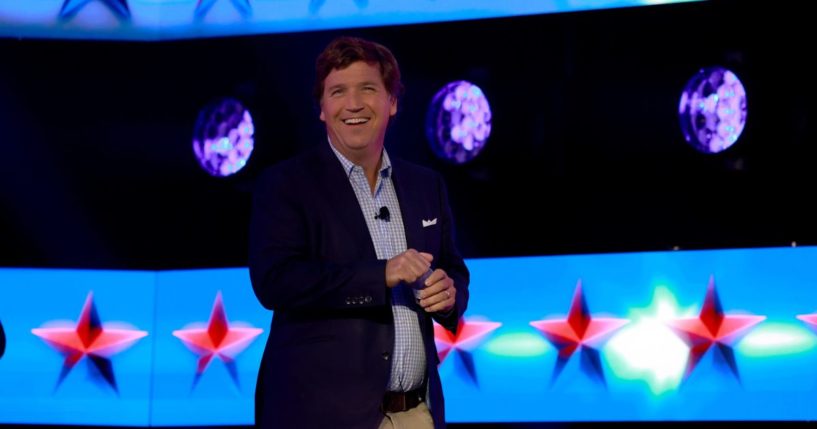 Tucker Carlson speaks at the Turning Point Action conference on July 15 in West Palm Beach, Florida.