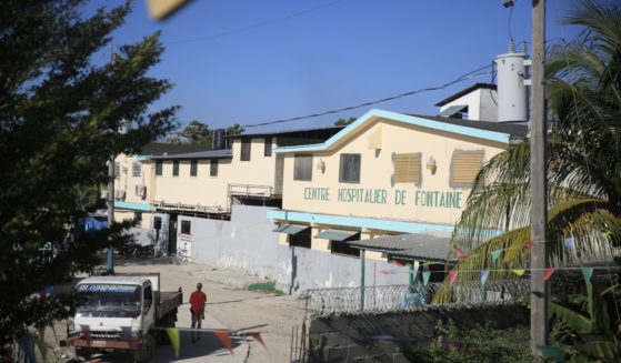 The entrance of the Fontaine Hospital Center in Cité Soleil area of the Port-au-Prince, Haiti, is pictured, On Wednesday, a gang entered the hospital and took hundreds of women, children, and newborns hostage.