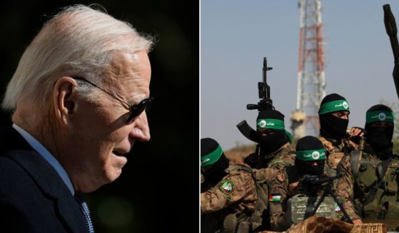 At left, President Joe Biden walks across the South Lawn before boarding the Marine One presidential helicopter and departing the White House in Washington on Nov. 3. At right, members of the al-Qassam Brigades, the armed wing of the Hamas movement, take part in a military parade near the border in the central Gaza Strip on July 19.