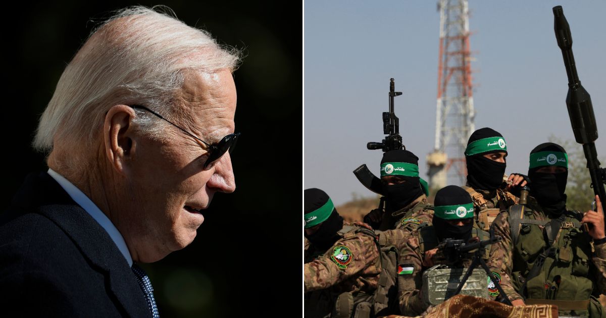 At left, President Joe Biden walks across the South Lawn before boarding the Marine One presidential helicopter and departing the White House in Washington on Nov. 3. At right, members of the al-Qassam Brigades, the armed wing of the Hamas movement, take part in a military parade near the border in the central Gaza Strip on July 19.