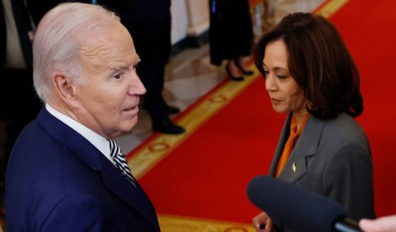 President Joe Biden and Vice President Kamala Harris leave the East Room of the White House in Washington on Monday.