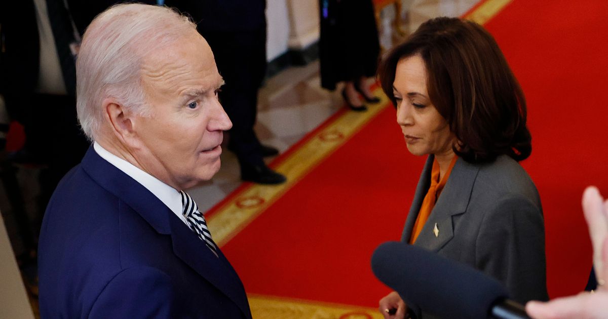 President Joe Biden and Vice President Kamala Harris leave the East Room of the White House in Washington on Monday.