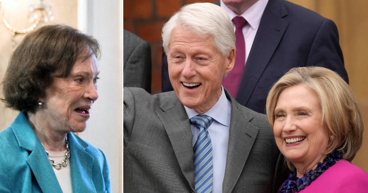 At left, Rosalynn Carter looks on during a visit with the president of the Dominican Republic in Santo Domingo on Oct. 8, 2009. At right, former President Bill Clinton and former first lady Hillary Clinton wave to reporters during an event in Belfast, Northern Ireland, on April 17.