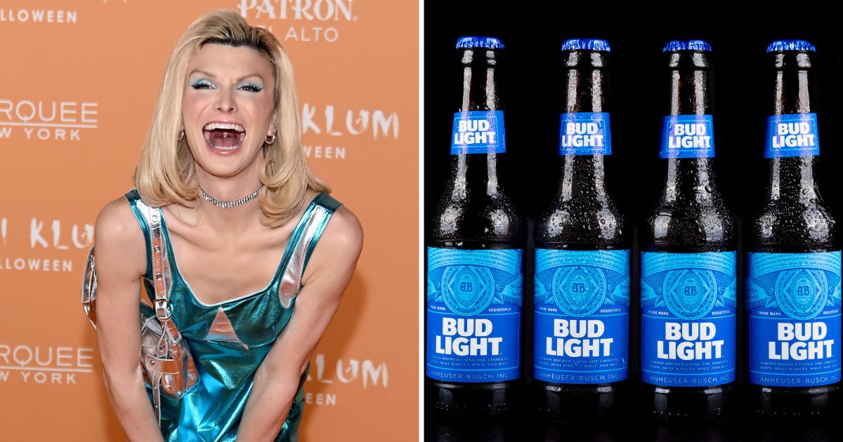 Dylan Mulvaney attends an event on Oct. 31 in New York City. Bottles of Bud Light are seen in the stock image on the right.