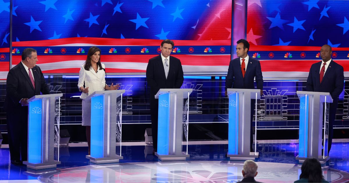 Republican presidential candidates, from left, former New Jersey Gov. Chris Christie, former U.N. Ambassador Nikki Haley, Florida Gov. Ron DeSantis, businessman Vivek Ramaswamy and South Carolina Sen. Tim Scott participate in a debate at the Adrienne Arsht Center for the Performing Arts of Miami-Dade County in Miami on Wednesday.