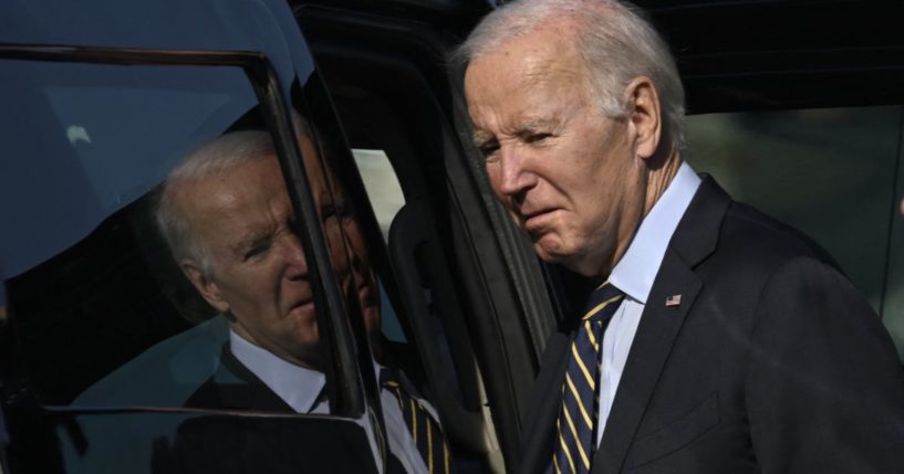 President Joe Biden walks to his vehicle after arriving at Delaware Air National Guard Base in New Castle, Delaware, on Monday. In a New York Times poll released on Sunday, former President Donald Trump was ahead of Biden in five of six battleground states.