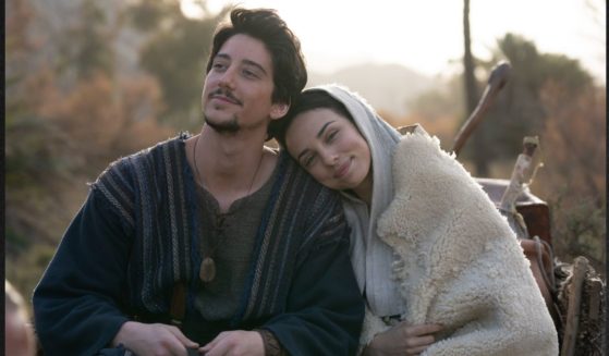 Fiona Palomo plays Mary and Milo Manheim is Joseph in “Journey to Bethlehem.”