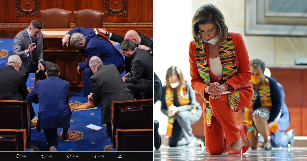 A group of U.S. Representatives kneel in prayer in a January photo, left, and then-House Speaker Nancy Pelosi kneels at a memorial for George Floyd in January of 2020, right.