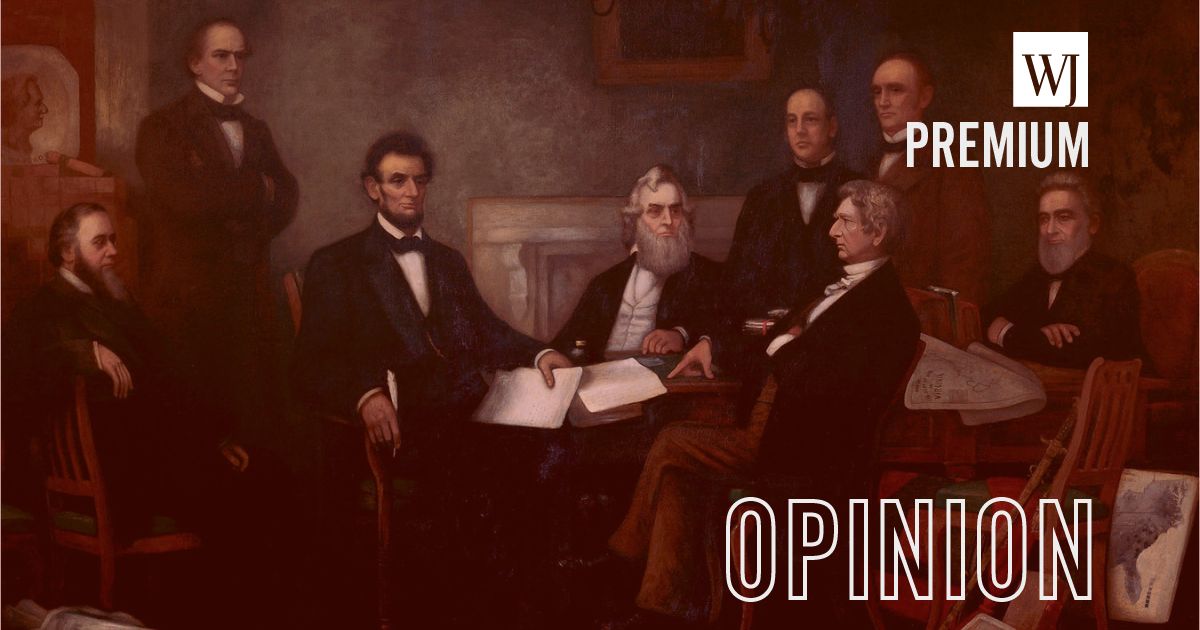 Former President Abraham Lincoln and members of his Cabinet are depicted in the 1864 Francis Bicknell Carpenter painting "First Reading of the Emancipation Proclamation by President Lincoln."
