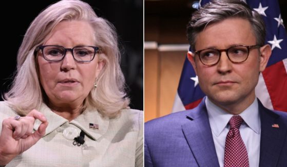 At left, former Rep. Liz Cheney speaks at the 92nd Street Y in New York on June 26. At right, Speaker of the House Mike Johnson listens during a news briefing at the U.S. Capitol in Washington on Thursday.