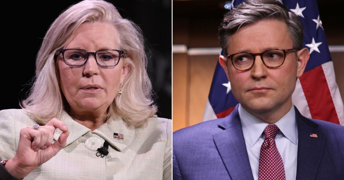 At left, former Rep. Liz Cheney speaks at the 92nd Street Y in New York on June 26. At right, Speaker of the House Mike Johnson listens during a news briefing at the U.S. Capitol in Washington on Thursday.