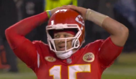 Kansas City Chiefs quarterback Patrick Mahomes reacts after a go-ahead touchdown pass is dropped in the fourth quarter of his team's game against the Philadelphia Eagles.