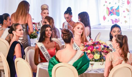 Miss Universe aspirants attend a gala event at the headquarters of the Ministry of Foreign Affairs of El Salvador in San Salvador on Nov. 8, ahead of the Miss Universe Pageant this weekend.