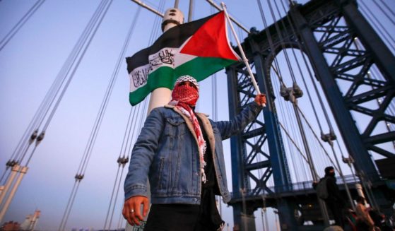 A pro-Palestinian protester holds up a Palestinian flag on the Brooklyn Bridge in New York City on Nov. 7.