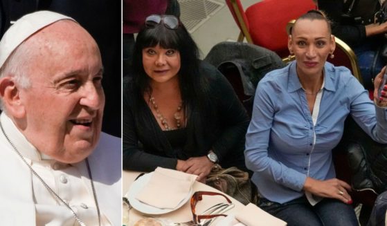 At right, men who claim to be women attend a lunch with Pope Francis, left, in the Paul VI Hall at the Vatican on Sunday.