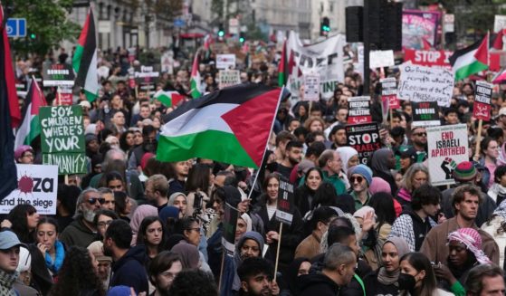 Protesters march during a pro-Palestinian protest in London, England, on Oct. 14. A man in London was recently arrested after posting a video on social media complaining about the number of Palestinian flags in his neighborhood.