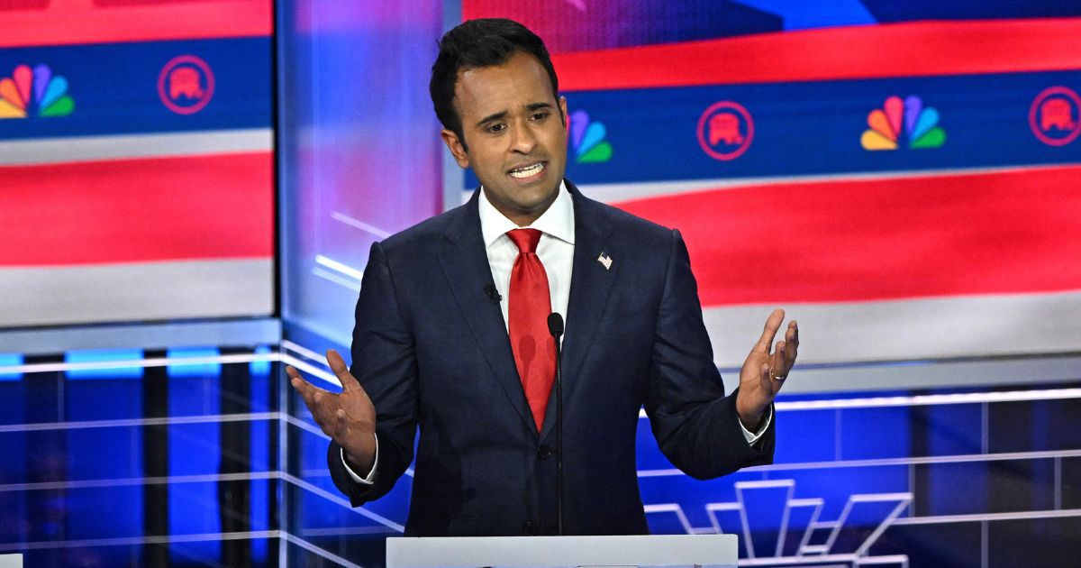 Republican president candidate Vivek Ramaswamy speaks during the third Republican primary debate in Miami, Florida, on Wednesday. Ramaswamy called fellow candidate Nikki Haley “Dick Cheney in three-inch heels.”