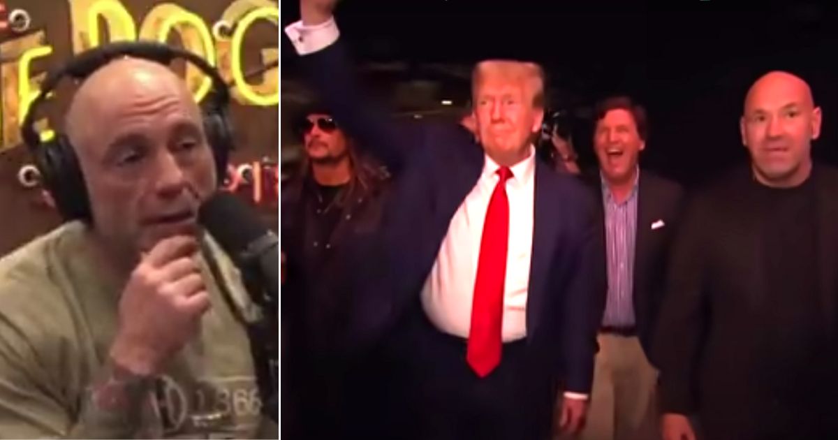 Podcaster Joe Rogan, left, marveled at the reception former President Donald Trump received when he entered with "the right-wing Avengers" -- Kid Rock, Tucker Carlson and UFC boss Dana White.