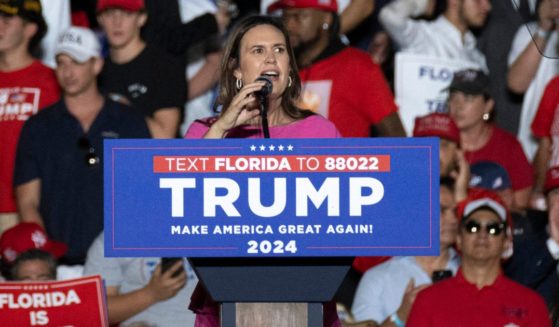 Gov. Sarah Huckabee Sanders speaks at a campaign rally for former President Donald J. Trump in Hialeah, Florida, on Wednesday.