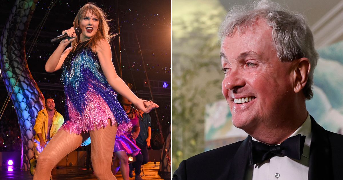 At left, Taylor Swift performs onstage at MetLife Stadium in East Rutherford, New Jersey, on July 22, 2018. New Jersey Gov. Phil Murphy, right, watched the show at taxpayers' expense.
