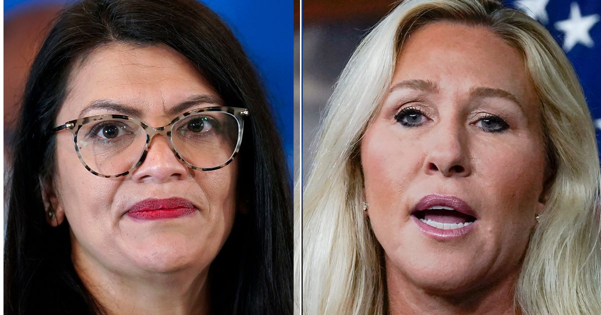 GOP Rep. Marjorie Taylor Greene of Georgia, right, criticized 22 of her fellow Republicans for declining to vote to censure Democratic Rep. Rashida Tlaib of Michigan for Tlaib's comments supporting Hamas after a deadly attack on Israeli citizens Oct. 7.